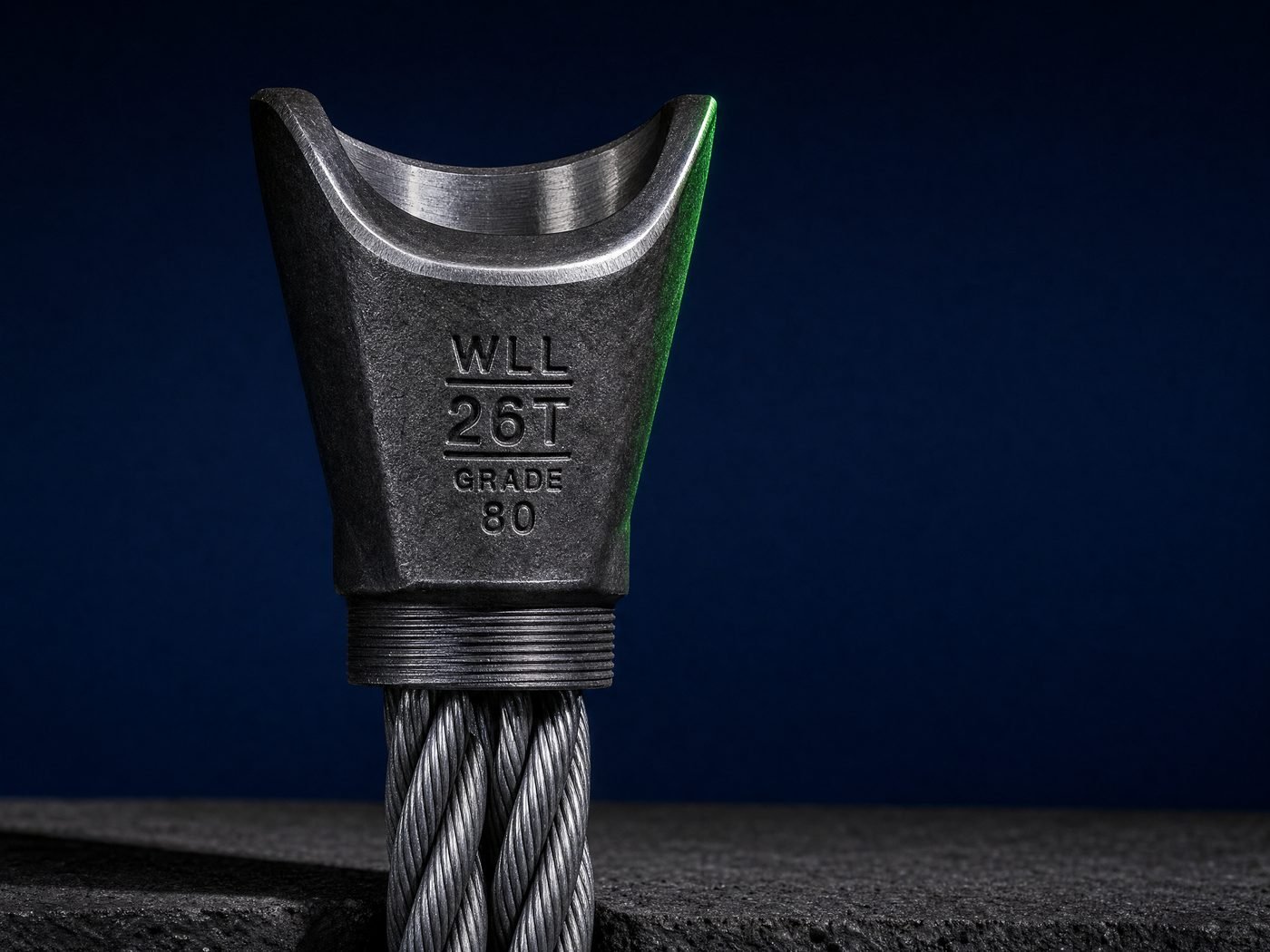 Socket cónico prensado sobre cable de acero con cuña interna y horquilla de conexión